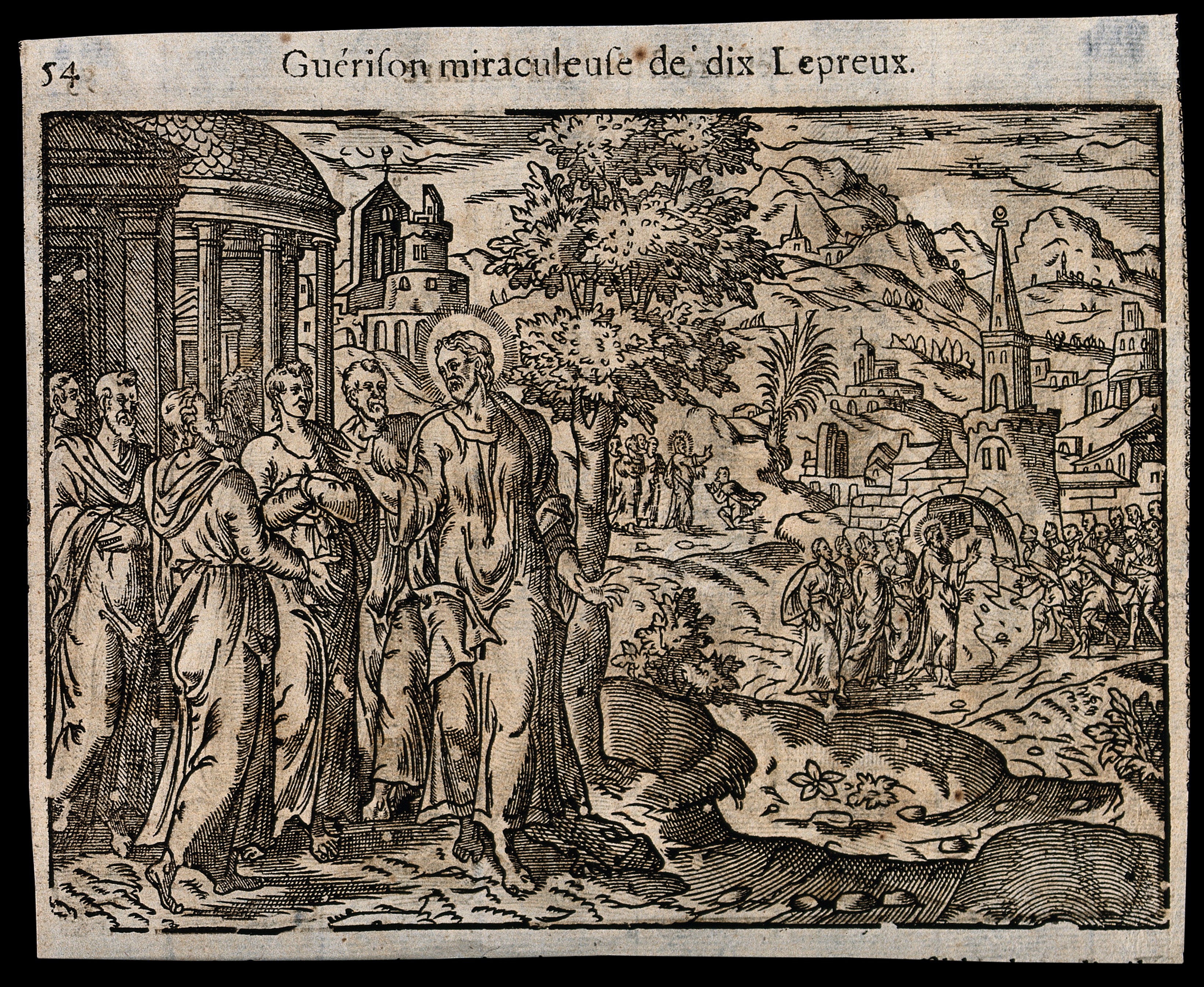 Christ cures ten lepers woodcut Wikimedia