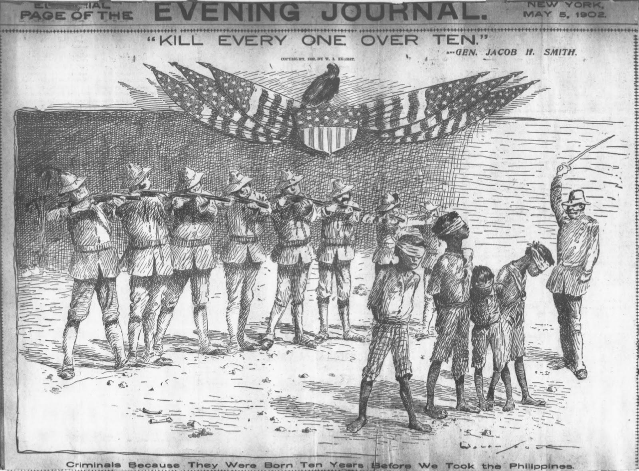 Editorial cartoon of Gen Jacob Smith kill everyone over ten