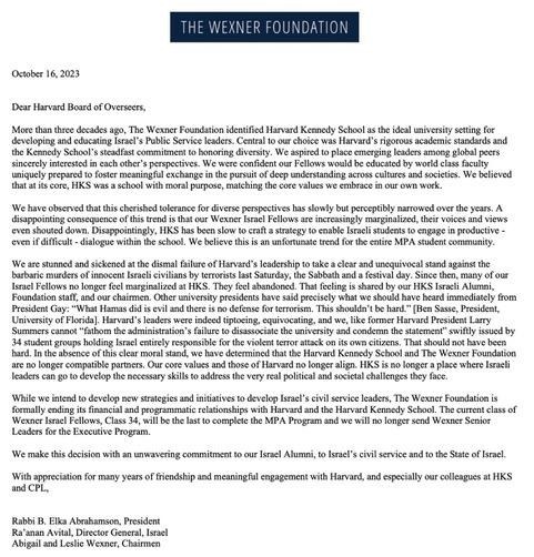 Wexner letter to Harvard