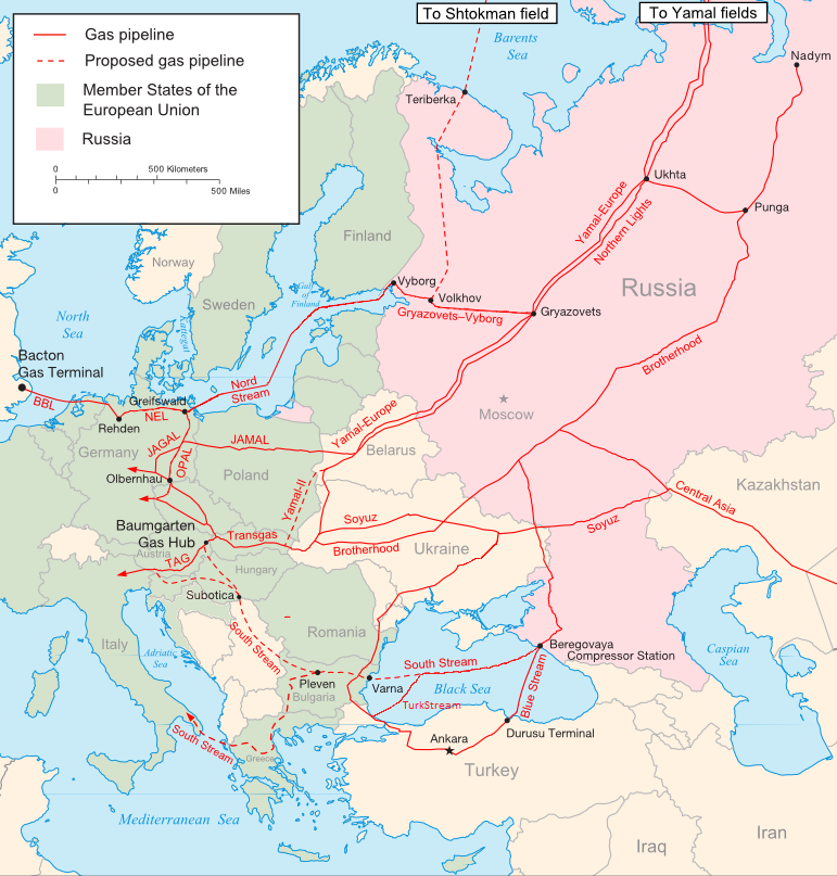 Map of the major existing and proposed Russian natural gas transportation pipelines in Europe