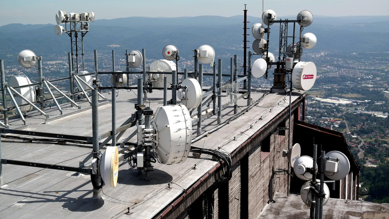 A roof with multiple receiver dishes