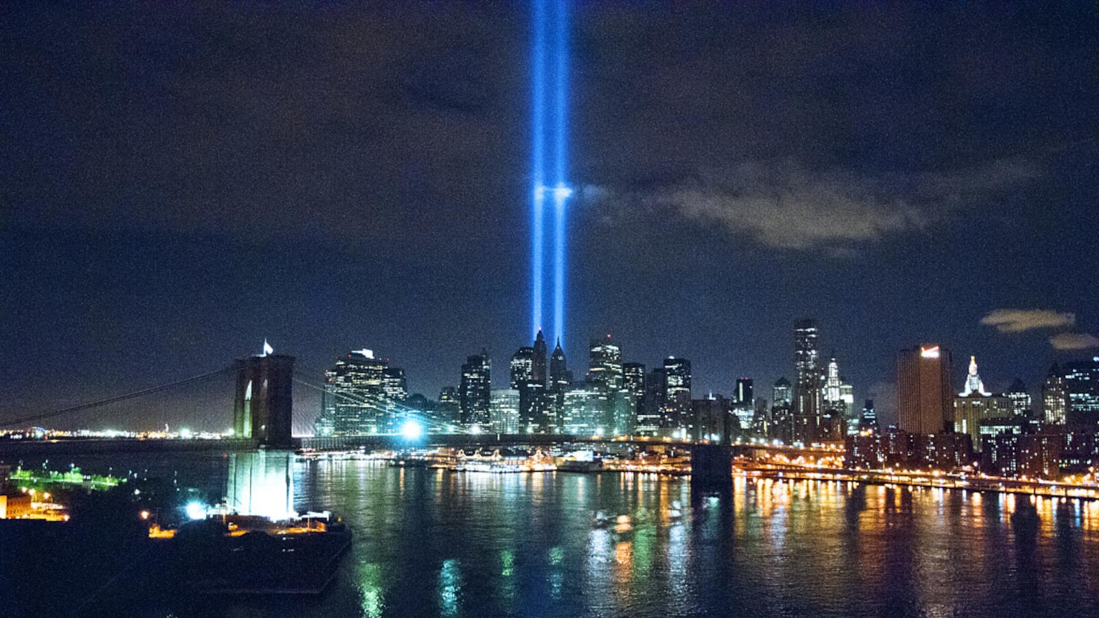 Tribute in Light, NYC, 2010 - 2 banks of spotlights shine into the sky in the footprint of the twin towers